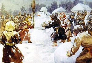 ...в снежки играют, баб лепят. Иллюстрация к рассказу К. Д. Ушинского «Проказы старухи-зимы». Художник С. Кравченко, 1988