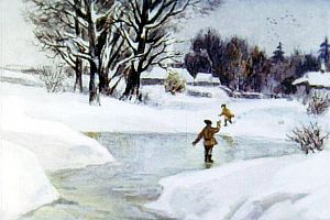 Замёрзли реки и озёра, да только сверху. Иллюстрация к рассказу К. Д. Ушинского «Проказы старухи-зимы». Художник С. Кравченко, 1988