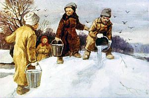...горы строят, водой поливают да ещё мороз кличут: «Приди-ка пособить!». Иллюстрация к рассказу К. Д. Ушинского «Проказы старухи-зимы». Художник С. Кравченко, 1988