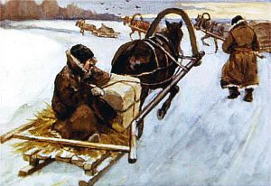 По дорогам, будто зиме на смех, обозы потянулись... Иллюстрация к рассказу К. Д. Ушинского «Проказы старухи-зимы». Художник С. Кравченко, 1988