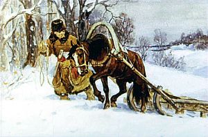 Случится кому за дровами в лес ехать — наденет он тулуп, валенки, рукавицы тёплые... Иллюстрация к рассказу К. Д. Ушинского «Проказы старухи-зимы». Художник С. Кравченко, 1988