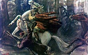 Почуяв на узде чужую руку, конь рванулся вперед, своею широкою, сильною грудью опрокинул на землю двух дерзких злодеев, державших его за узду, смял под ногами третьего, который, махая рогатиной, забегал вперед и хотел было преградить ему дорогу, и помчался как вихрь. Иллюстрация к сказке К. Ушинского «Слепая лошадь». Художник Н. Петров, 1954 г.