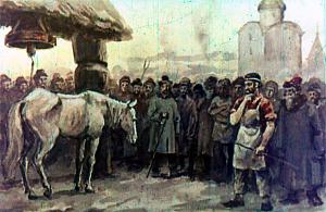 Все в Винете знали Догони-Ветра, знали, что он спас жизнь своему хозяину, знали обещание хозяина — и удивились, увидя посреди площади бедного коня — слепого, голодного, дрожащего от стужи, покрытого снегом. Иллюстрация к сказке К. Ушинского «Слепая лошадь». Художник Н. Петров, 1954 г.