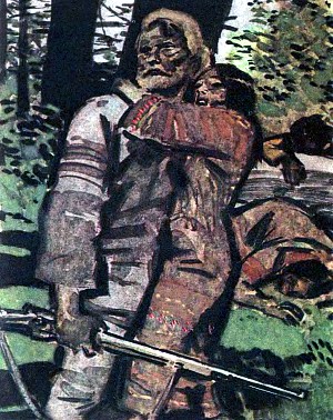 Иллюстрация к рассказу Джека Лондона «В дебрях Севера». Художник П. Пинкисевич, 1976 г.