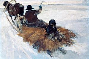 Когда же Пелагея умерла, сироту Ваньку спровадили в людскую кухню к деду, а из кухни в Москву к сапожнику Аляхину... Иллюстрация к рассказу А. П. Чехова «Ванька». Художник Р. Столяров, 1967