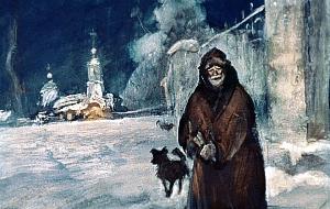 Ночью же, окутанный в просторный тулуп, ходит вокруг усадьбы и стучит в свою колотушку. За ним, опустив головы, шагают старая Каштанка и кобелек Вьюн, прозванный так за свой черный цвет и тело, длинное, как у ласки... Иллюстрация к рассказу А. П. Чехова «Ванька». Художник Р. Столяров, 1967