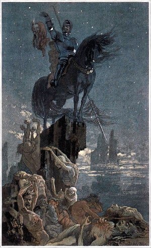 ... Бледны, бледны, один другого выше, один другого костистей, стали они вокруг всадника, державшего в руке страшную добычу. Еще раз засмеялся рыцарь, и кинул ее в пропасть. И все мертвецы вскочили в пропасть, подхватили мертвеца и вонзили в него свои зубы... (Страшная месть). — Акварель М. О. Микешина, 1891 г.