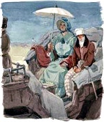 Иван Федорович и тетушка, один с левой стороны, другая с правой, влезли в бричку, и она тронулась... Иллюстрация к повести Н. В. Гоголя «Иван Фёдорович Шпонька и его тётушка». Художник Минаев Владимир Николаевич, вторая половина 1940-х.