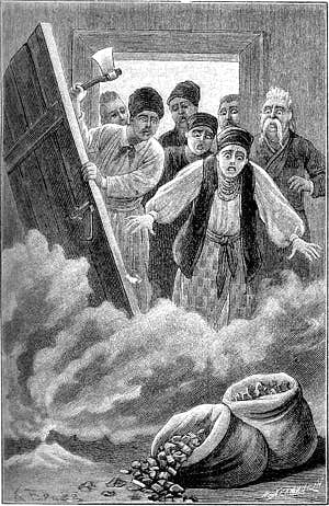 Одни битые черепки лежали вместо червонцев. Иллюстрация К.О.Брожа к повести Гоголя «Вечер накануне Ивана Купала»