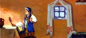 Оксана перед небольшим зеркалом. Иллюстрация А. П. Бубнова к повести Гоголя «Ночь перед Рождеством»