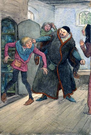 Каюс вытаскивает Симпла из чулана. Иллюстрация Хью Томсона (1910 г.) к комедии Уильяма Шекспира «Виндзорские насмешницы» (1597 г.)