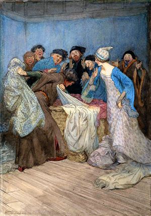 И тебе не стыдно? Оставь это грязное белье! Иллюстрация Хью Томсона (1910 г.) к комедии Уильяма Шекспира «Виндзорские насмешницы» (1597 г.)