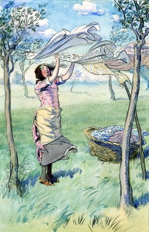 Управляю всем его домом — стираю, глажу... Иллюстрация Хью Томсона (1910 г.) к комедии Уильяма Шекспира «Виндзорские насмешницы» (1597 г.)
