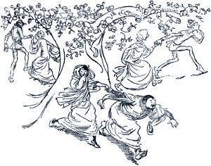 Акт IV. Конец. Иллюстрация Хью Томсона (1910 г.) к комедии Уильяма Шекспира «Виндзорские насмешницы» (1597 г.)