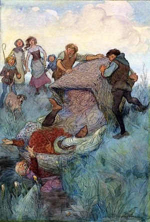 Фальстаф брошенный в Темзу. Иллюстрация Хью Томсона (1910 г.) к комедии Уильяма Шекспира «Виндзорские насмешницы» (1597 г.)