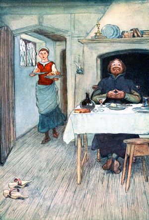 Сейчас подадут сыр и яблочки! Иллюстрация Хью Томсона (1910 г.) к комедии Уильяма Шекспира «Виндзорские насмешницы» (1597 г.)