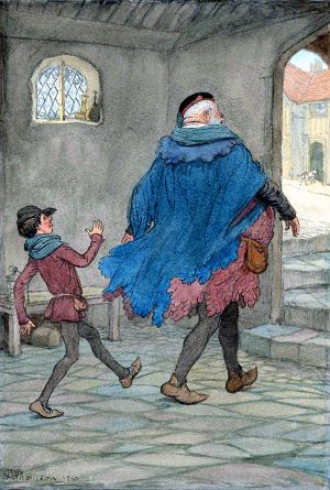 Фальстаф и Робин уходят. Иллюстрация Хью Томсона (1910 г.) к комедии Уильяма Шекспира «Виндзорские насмешницы» (1597 г.)