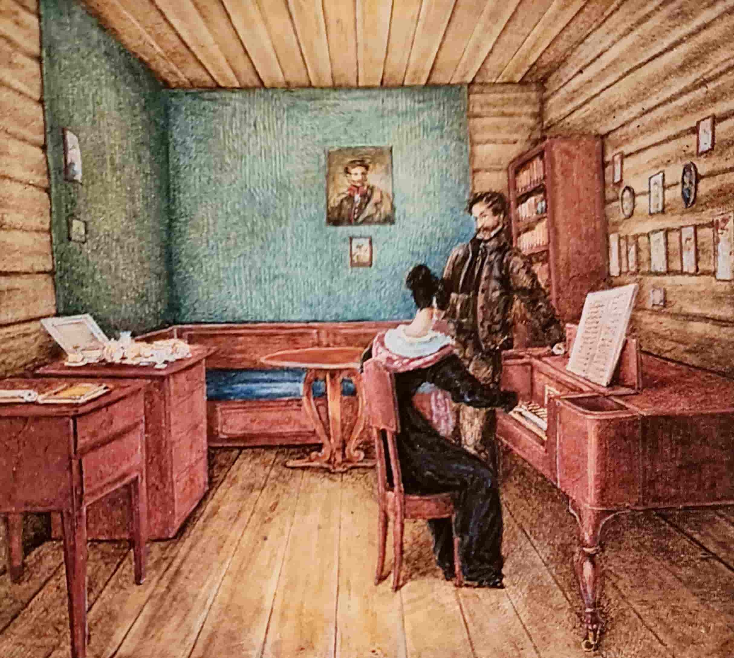 С. Г. Волконский с женой в камере в Петровской тюрьме. Рисунок Н. А. Бестужева, 1830