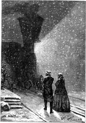 Огромная тень, предшествуемая снопом рыжего света, медленно продвигалась сквозь туман, который, увеличивая, придавал ей фантастические очертания. Иллюстрация к роману Жюля Верна «Вокруг света за восемьдесят дней». Художники Альфонс де Нёвиль (1836-1885), Леон Бенет (1839-1916). Издание 1873 г.