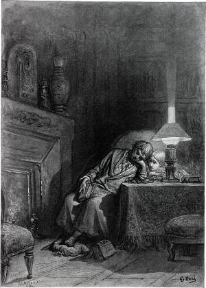Как-то в полночь, утомленный, развернул я, полусонный, книгу странного ученья (мир забыл уже его)... Иллюстрация к стихотворению Эдгара Аллана По «Ворон». Художник Гюстав Доре (1832-1883)