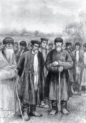 Кузьминские мужики. Иллюстрация Л. О. Пастернака к роману Л. Н. Толстого «Воскресение»