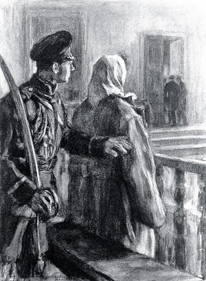 Когда Картинкин и Бочкова вышли, она все еще сидела на месте и плакала, так что жандарм должен был тронуть ее за рукав халата. Иллюстрация Л. О. Пастернака к роману Л. Н. Толстого «Воскресение»