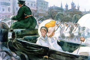 На одном из перекрестков партия арестантов помешала проехать богатой коляске. Иллюстрация Л. О. Пастернака к роману Л. Н. Толстого «Воскресение»