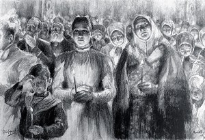 У заутрени. Иллюстрация Л. О. Пастернака к роману Л. Н. Толстого «Воскресение»