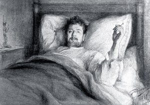 Князь Дмитрий Иванович Нехлюдов лежал еще на своей высокой, пружинной с пуховым тюфяком, смятой постели и, расстегнув ворот голландской чистой ночной рубашки с заутюженными складочками на груди, курил папиросу. Иллюстрация Л. О. Пастернака к роману Л. Н. Толстого «Воскресение»