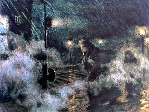 Платок снесло с нее ветром, но она все бежала. Иллюстрация Л. О. Пастернака к роману Л. Н. Толстого «Воскресение»
