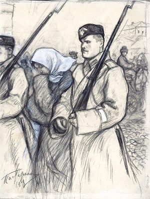 Маслова вернулась домой в свою камеру только в шесть часов вечера, усталая и больная ногами после пройденных без привычки пятнадцати верст по камню. Иллюстрация Л. О. Пастернака к роману Л. Н. Толстого «Воскресение»