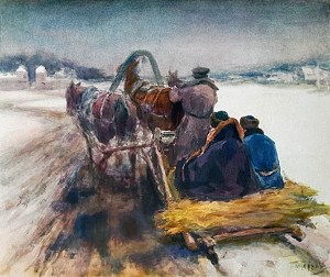Накануне светло Христова Воскресения, священник с дьяконом и дьячком, насилу проехав на санях, приехали к тетушке служить заутреню. Иллюстрация Л. О. Пастернака к роману Л. Н. Толстого «Воскресение»