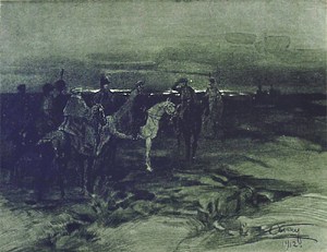 Один был на белой лошади. Князь Багратион с князем Долгоруковым и адъютантами выехали посмотреть на странное явление огней и криков в неприятельской армии. Иллюстрация А. П. Апсита к роману Л. Н. Толстого «Война и мир»