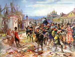 Это что-то был труп человека, поставленный стоймя у ограды и вымазанный в лице сажей. Иллюстрация А. П. Апсита к роману Л. Н. Толстого «Война и мир»