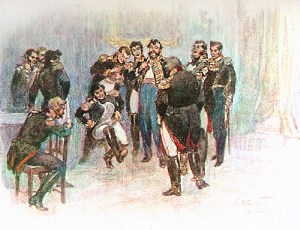 В середине залы красивый невысокий генерал с красным лицом бойко и ловко выделывал трепака. Иллюстрация А. П. Апсита к роману Л. Н. Толстого «Война и мир»