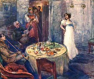 Наташа сбросила с себя платок, который был накинут на ней, забежала вперед дядюшки и, подперши руки в боки, сделала движенье плечами и стала. Иллюстрация А. П. Апсита к роману Л. Н. Толстого «Война и мир»