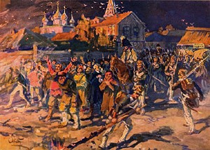 Князь Андрей, в плаще, верхом на вороной лошади, стоял за толпой и смотрел на Алпатыча. Иллюстрация А. П. Апсита к роману Л. Н. Толстого «Война и мир»