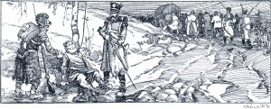 Каратаев сидел на краю дороги, у березы; и два француза что-то говорили над ним. Иллюстрация А. П. Апсита к роману Л. Н. Толстого «Война и мир»