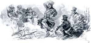 Молодой, красивый солдат, который притащил дрова, подперся руками в бока и стал быстро и ловко топотать озябшими ногами на месте. Иллюстрация А. П. Апсита к роману Л. Н. Толстого «Война и мир»