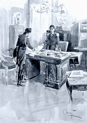 Я не одобряю, — сказал Аракчеев, вставая и доставая с письменного стола бумагу. — Вот, — он подал князю Андрею. Иллюстрация А. П. Апсита к роману Л. Н. Толстого «Война и мир»