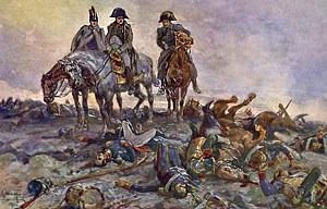 Отъехав несколько шагов, он остановился над князем Андреем, лежавшим навзничь с брошенным подле него древком знамени. Иллюстрация А. П. Апсита к роману Л. Н. Толстого «Война и мир»
