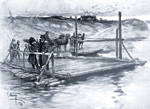 Князь Андрей стоял, облокотившись на перила парома, и, слушая Пьера, не спуская глаз, смотрел на красный отблеск солнца по синеющему разливу. Иллюстрация А. П. Апсита к роману Л. Н. Толстого «Война и мир»