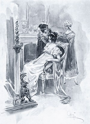 Нет, право, ma bonne amie, это платье нехорошо, — говорила Лиза, издалека боком взглядывая на княжну. Иллюстрация А. П. Апсита к роману Л. Н. Толстого «Война и мир»
