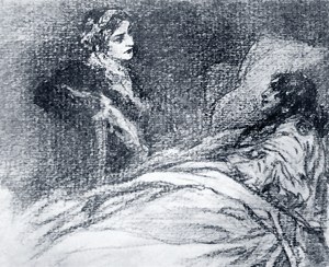 Однажды княжна Марья, в середине дня, заметив, что Наташа дрожит в лихорадочном ознобе, увела ее к себе и уложила на своей постели. Иллюстрация А. П. Апсита к роману Л. Н. Толстого «Война и мир»