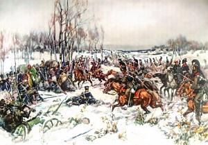 И кавалеристы на худых, ободранных, еле двигающихся лошадях, подгоняя их шпорами и саблями, рысцой, после сильных напряжений, подъезжали к подаренной колонне, то есть к толпе обмороженных, закоченевших и голодных французов; и подаренная колонна кидала оружие и сдавалась, чего ей уже давно хотелось. Иллюстрация А. П. Апсита к роману Л. Н. Толстого «Война и мир»