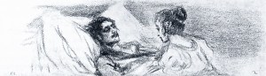 Наташа положила чулок, перегнулась ближе к нему и вдруг, заметив его светящиеся глаза, подошла к нему легким шагом и нагнулась. Иллюстрация А. П. Апсита к роману Л. Н. Толстого «Война и мир»