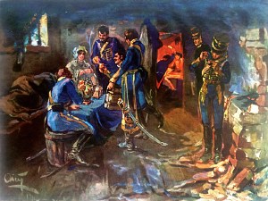 Ильин взял ведро с водой и, капнув туда рому, пришел к Марье Генриховне, прося помешать пальчиком. Иллюстрация А. П. Апсита к роману Л. Н. Толстого «Война и мир»
