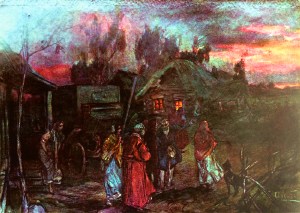 Зарево московского пожара 2 сентября 1812. Иллюстрация А. П. Апсита к роману Л. Н. Толстого «Война и мир»