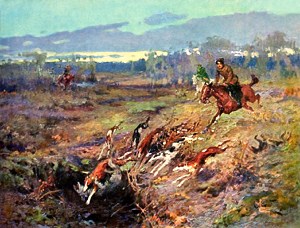 Николай видел только, что что-то сделалось с Караем, — он мгновенно очутился на волке и с ним вместе повалился кубарем в водомоину, которая была перед ними. Иллюстрация А. П. Апсита к роману Л. Н. Толстого «Война и мир»