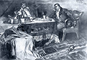 Пьер за ужином с Рамбалем. Иллюстрация А. П. Апсита к роману Л. Н. Толстого «Война и мир»